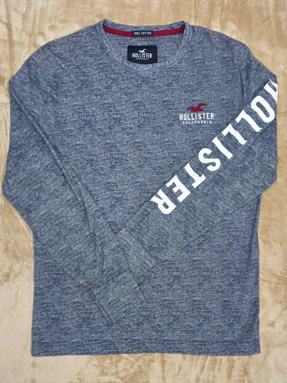 Hollister Blue Long Sleeve Graphic Tee Mens Small Sleeve Logo Cotton